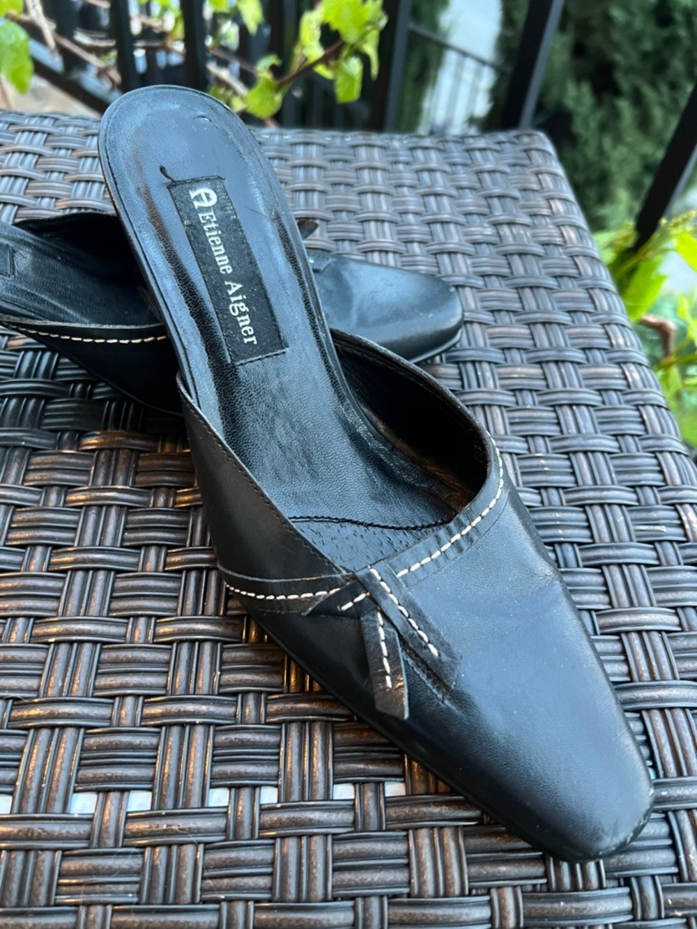 Etienne Aigner Black Leather Square-Toe Mules with Stitch Trim